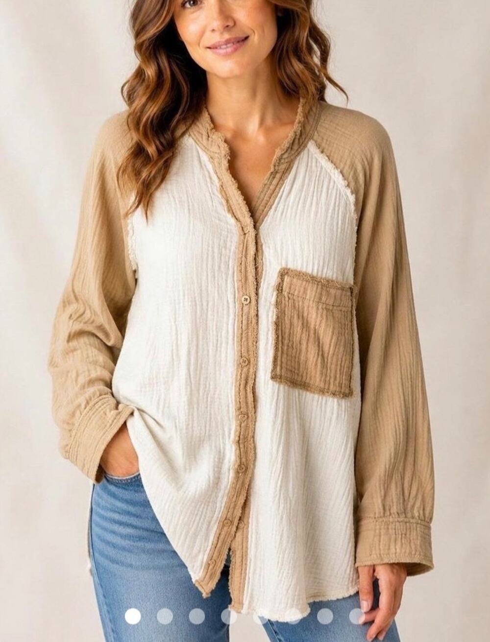 Aerie AE Oversize Shirt M Beige Pool Y2K Party cover Up button top A010665